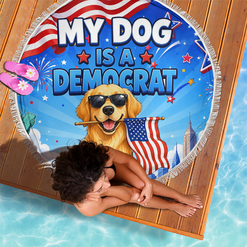 My Dog Is A Democrat Beach Blanket Golden Retriever Patriotic American Flag Graphic