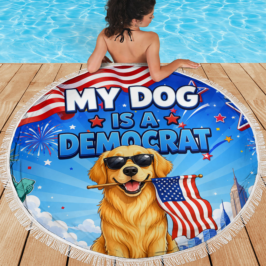My Dog Is A Democrat Beach Blanket Golden Retriever Patriotic American Flag Graphic