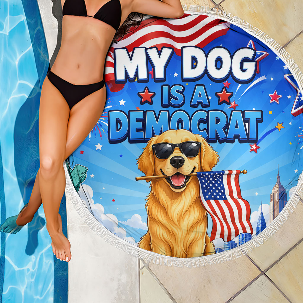 My Dog Is A Democrat Beach Blanket Golden Retriever Patriotic American Flag Graphic
