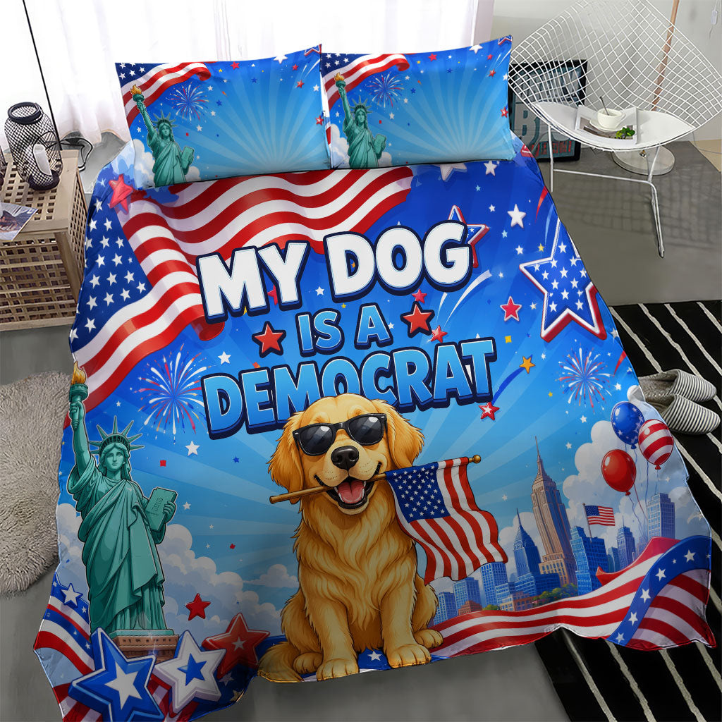 My Dog Is A Democrat Bedding Set Golden Retriever Patriotic American Flag Graphic