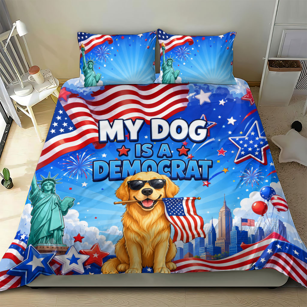 My Dog Is A Democrat Bedding Set Golden Retriever Patriotic American Flag Graphic