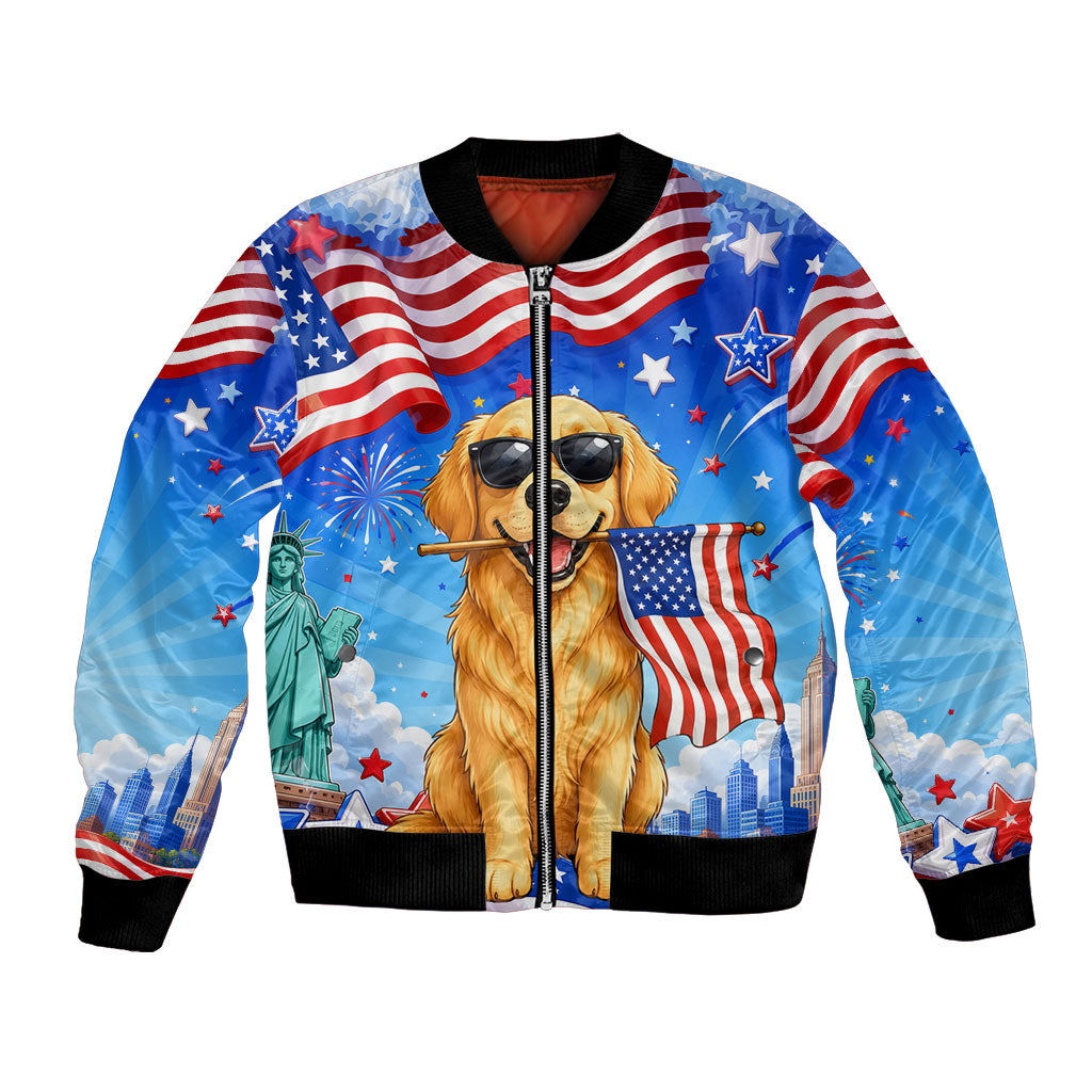 My Dog Is A Democrat Bomber Jacket Golden Retriever Patriotic American Flag Graphic