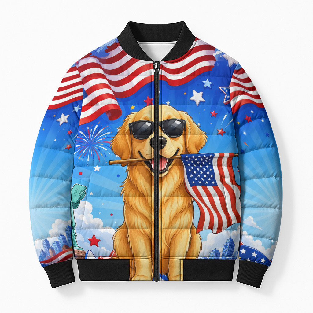My Dog Is A Democrat Bomber Puffer Jacket Golden Retriever Patriotic American Flag Graphic