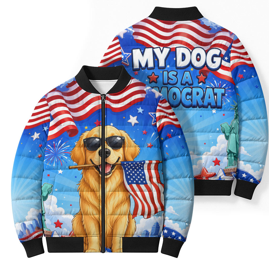My Dog Is A Democrat Bomber Puffer Jacket Golden Retriever Patriotic American Flag Graphic