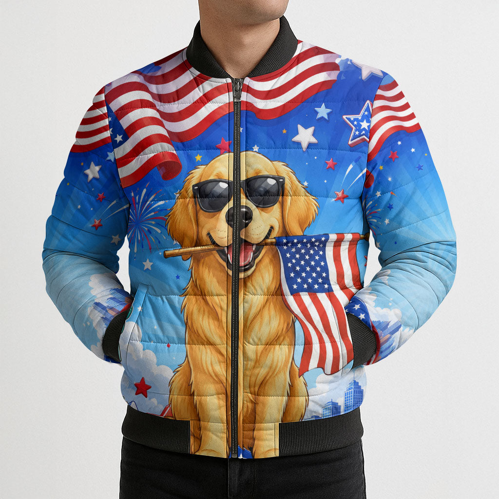 My Dog Is A Democrat Bomber Puffer Jacket Golden Retriever Patriotic American Flag Graphic