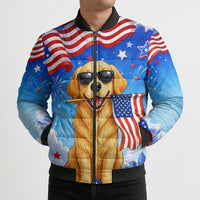 My Dog Is A Democrat Bomber Puffer Jacket Golden Retriever Patriotic American Flag Graphic