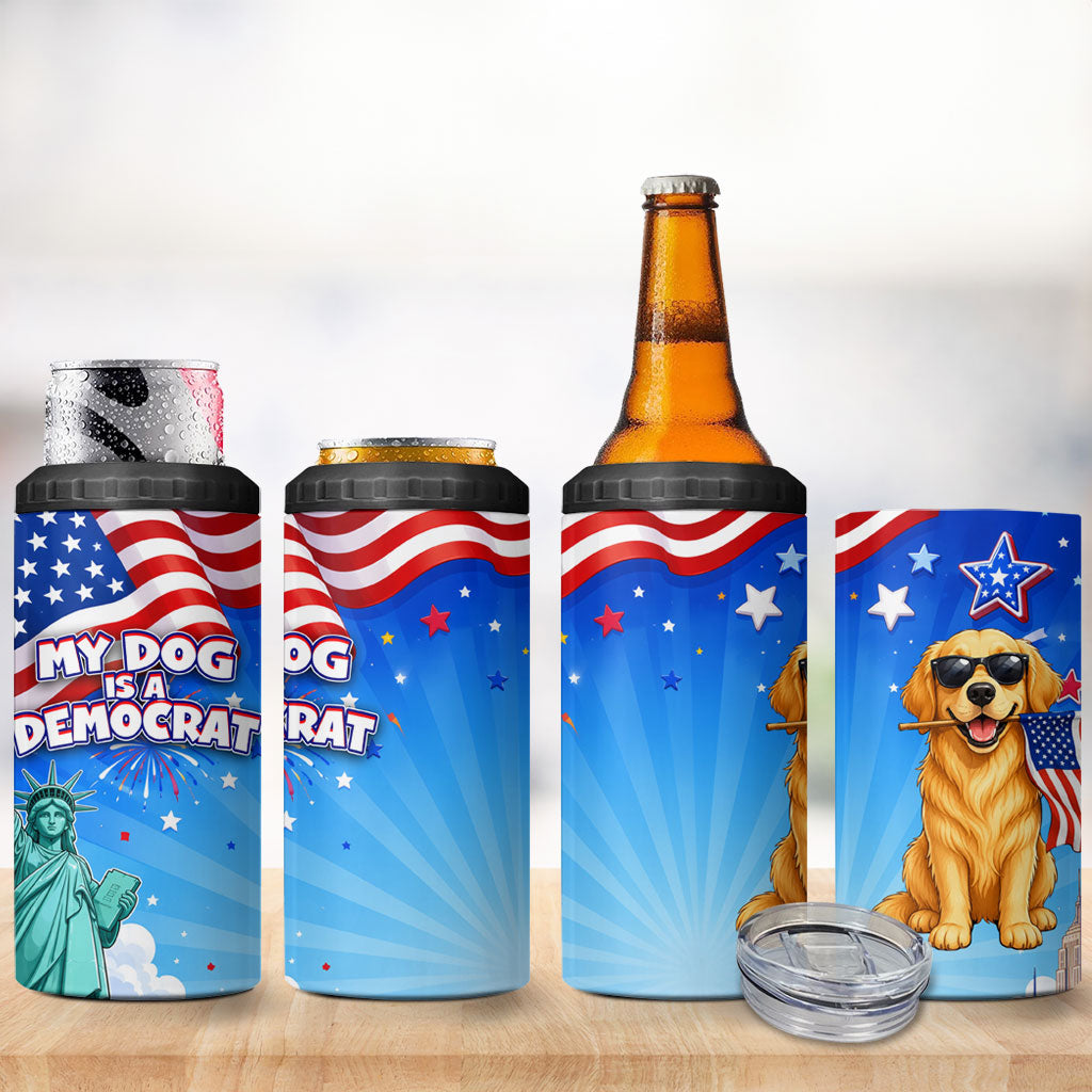 My Dog Is A Democrat 4 in 1 Can Cooler Tumbler Golden Retriever Patriotic American Flag Graphic