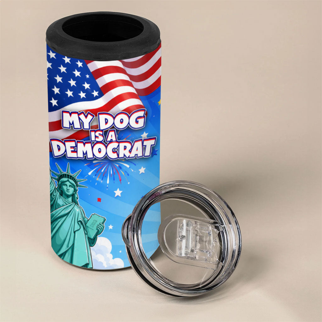 My Dog Is A Democrat 4 in 1 Can Cooler Tumbler Golden Retriever Patriotic American Flag Graphic
