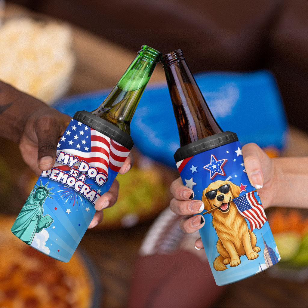 My Dog Is A Democrat 4 in 1 Can Cooler Tumbler Golden Retriever Patriotic American Flag Graphic