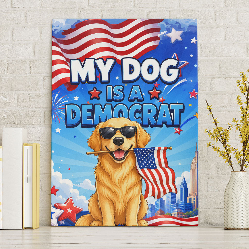 My Dog Is A Democrat Canvas Wall Art Golden Retriever Patriotic American Flag Graphic