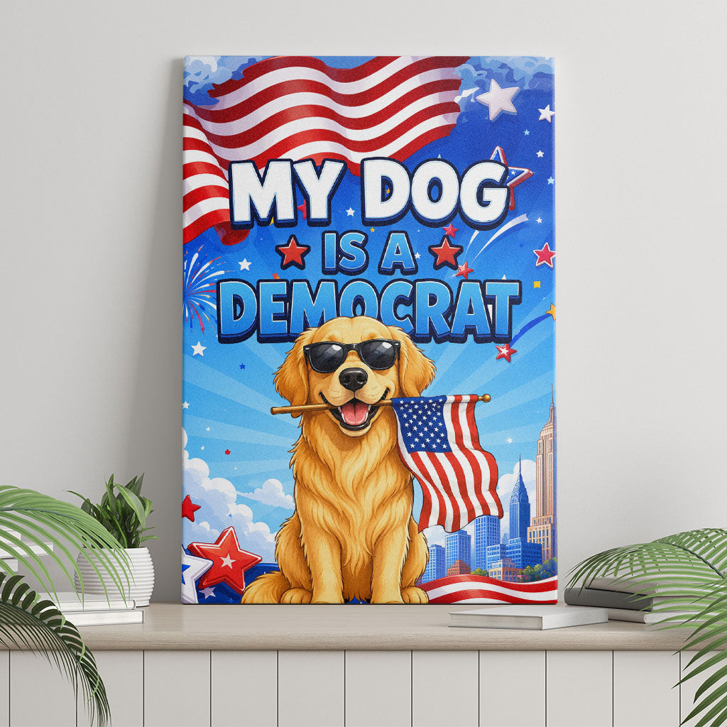 My Dog Is A Democrat Canvas Wall Art Golden Retriever Patriotic American Flag Graphic