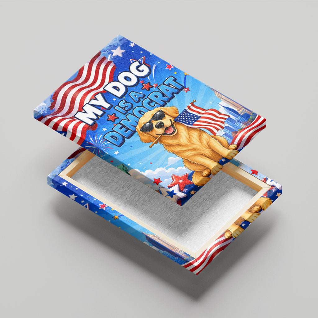 My Dog Is A Democrat Canvas Wall Art Golden Retriever Patriotic American Flag Graphic