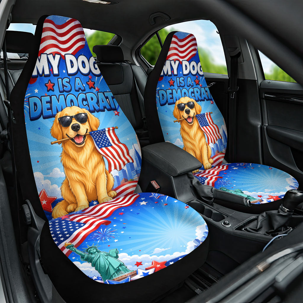 My Dog Is A Democrat Car Seat Cover Golden Retriever Patriotic American Flag Graphic