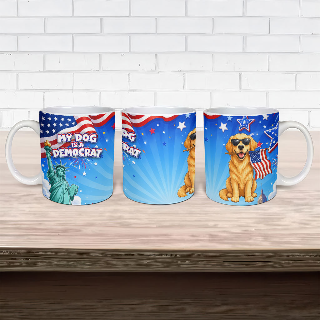My Dog Is A Democrat Ceramic Mug Golden Retriever Patriotic American Flag Graphic