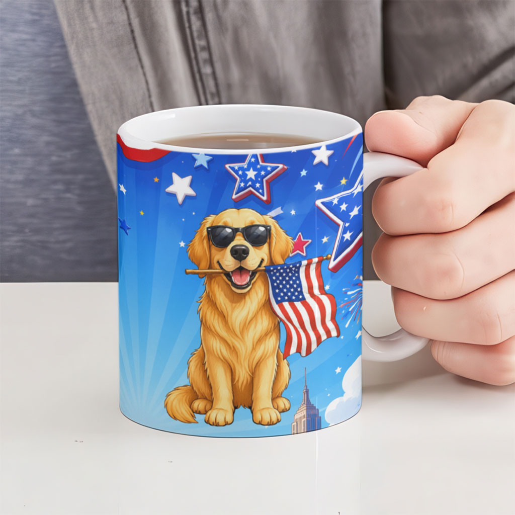 My Dog Is A Democrat Ceramic Mug Golden Retriever Patriotic American Flag Graphic