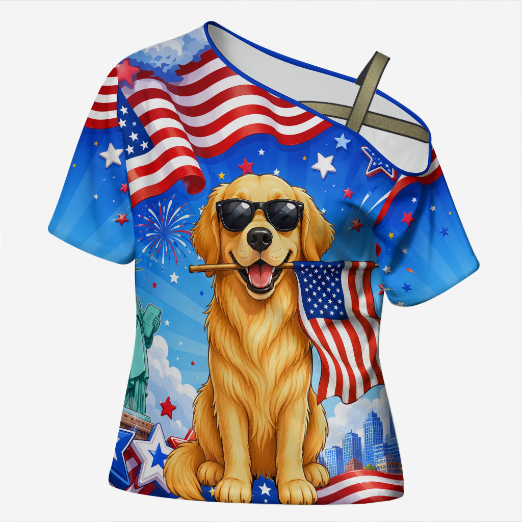My Dog Is A Democrat Cross Shoulder Shirt Golden Retriever Patriotic American Flag Graphic