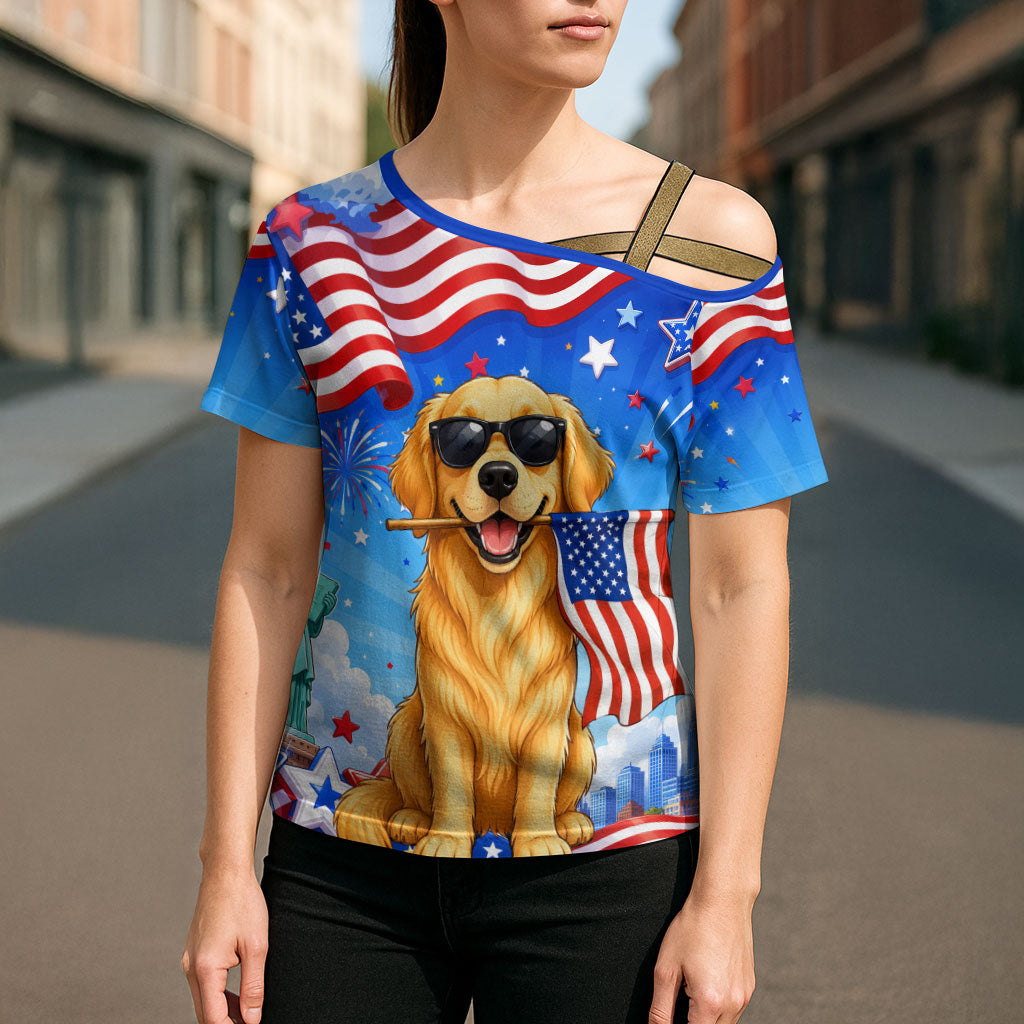 My Dog Is A Democrat Cross Shoulder Shirt Golden Retriever Patriotic American Flag Graphic