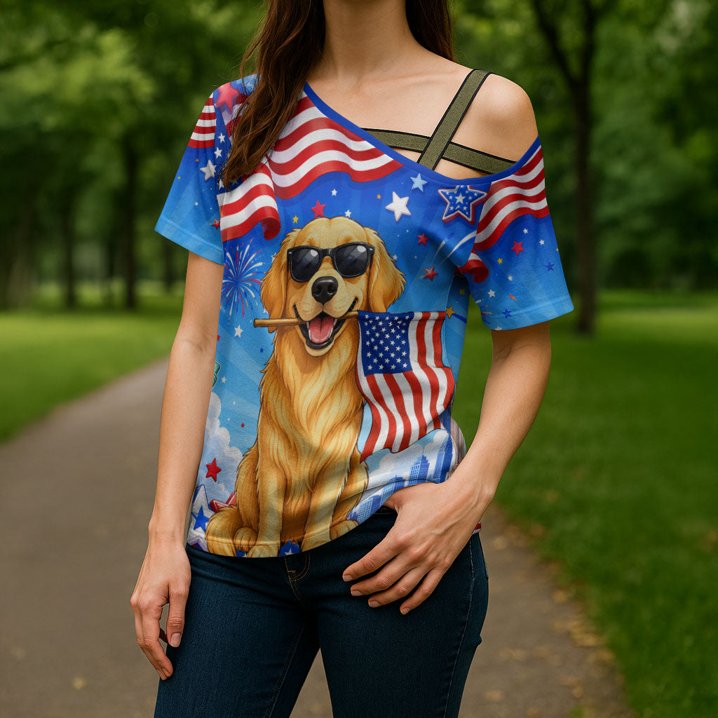 My Dog Is A Democrat Cross Shoulder Shirt Golden Retriever Patriotic American Flag Graphic