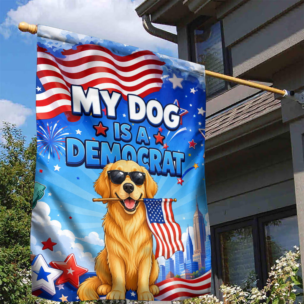 My Dog Is A Democrat Garden Flag Golden Retriever Patriotic American Flag Graphic