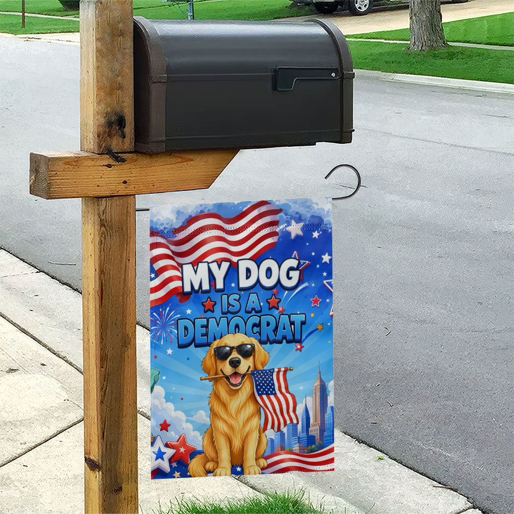 My Dog Is A Democrat Garden Flag Golden Retriever Patriotic American Flag Graphic