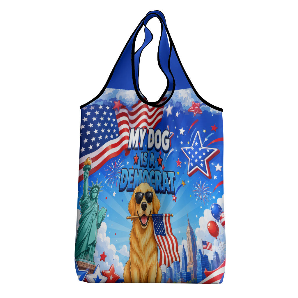 My Dog Is A Democrat Grocery Bag Golden Retriever Patriotic American Flag Graphic
