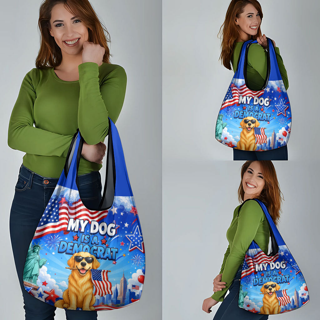 My Dog Is A Democrat Grocery Bag Golden Retriever Patriotic American Flag Graphic