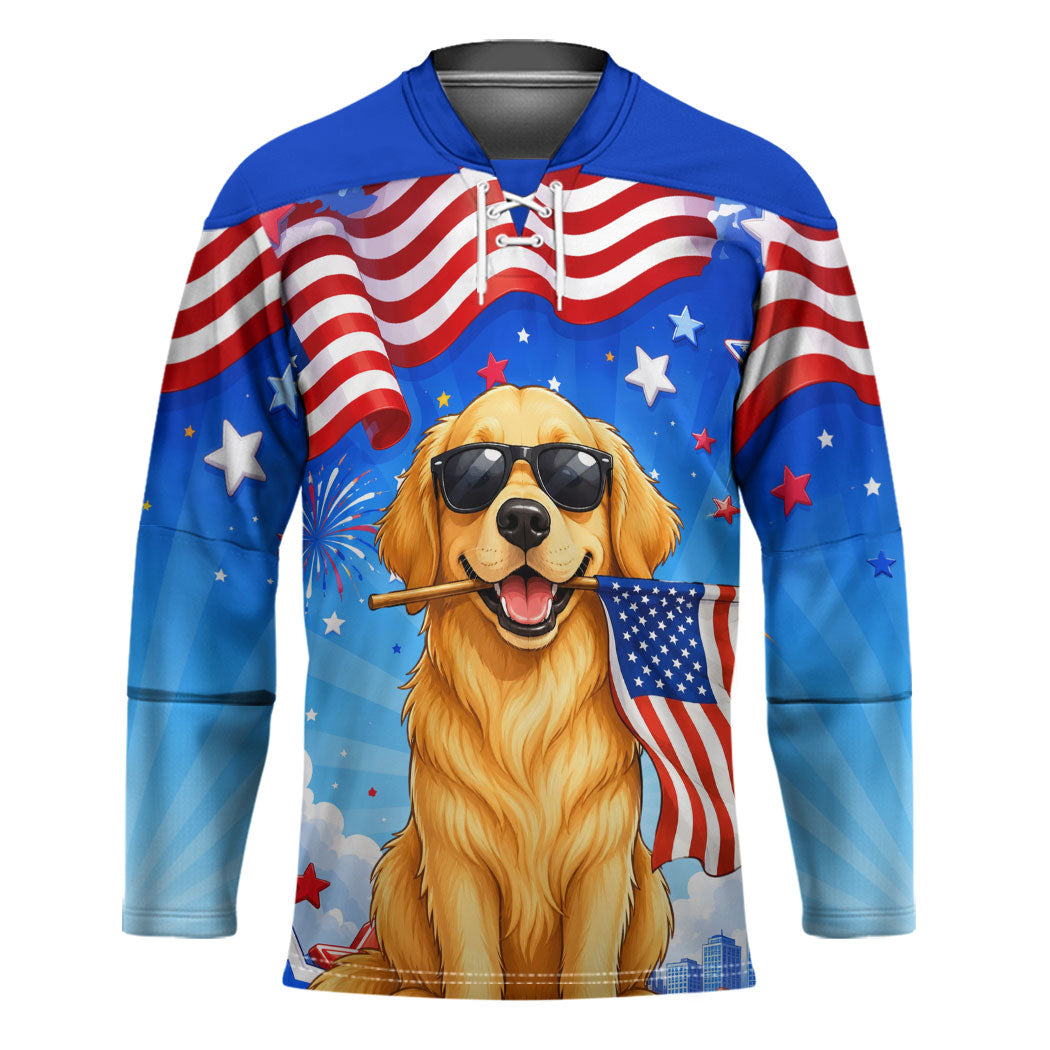 My Dog Is A Democrat Hockey Jersey Golden Retriever Patriotic American Flag Graphic