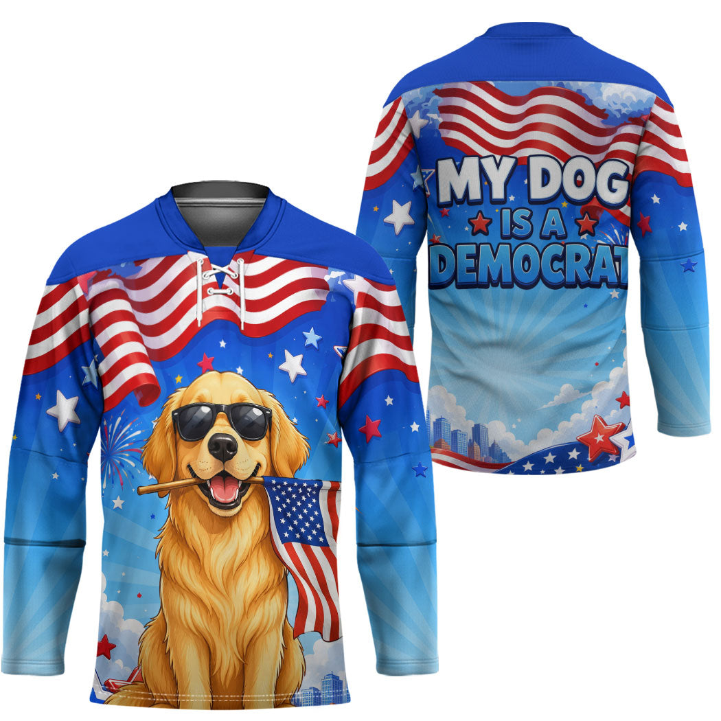 My Dog Is A Democrat Hockey Jersey Golden Retriever Patriotic American Flag Graphic