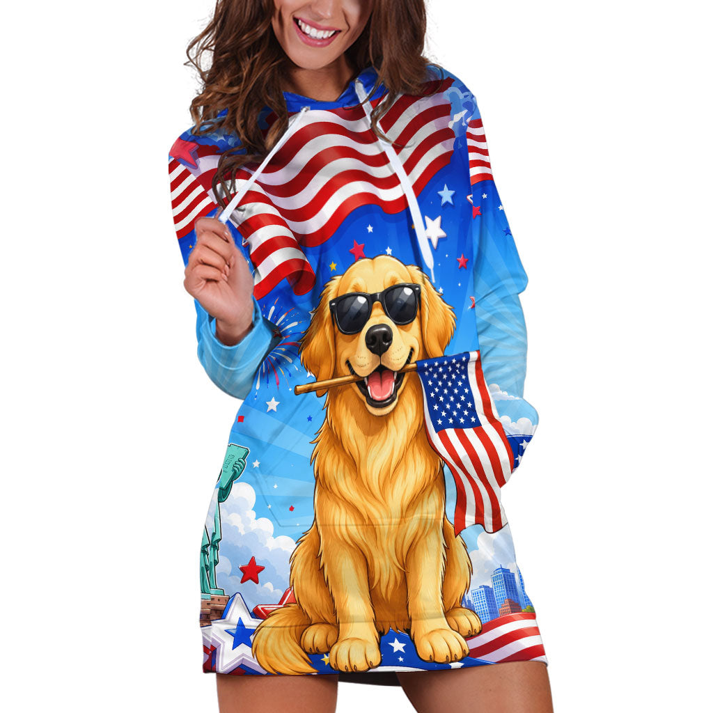 My Dog Is A Democrat Hoodie Dress Golden Retriever Patriotic American Flag Graphic