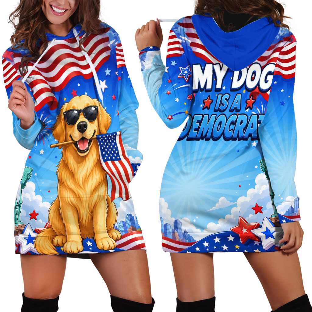 My Dog Is A Democrat Hoodie Dress Golden Retriever Patriotic American Flag Graphic