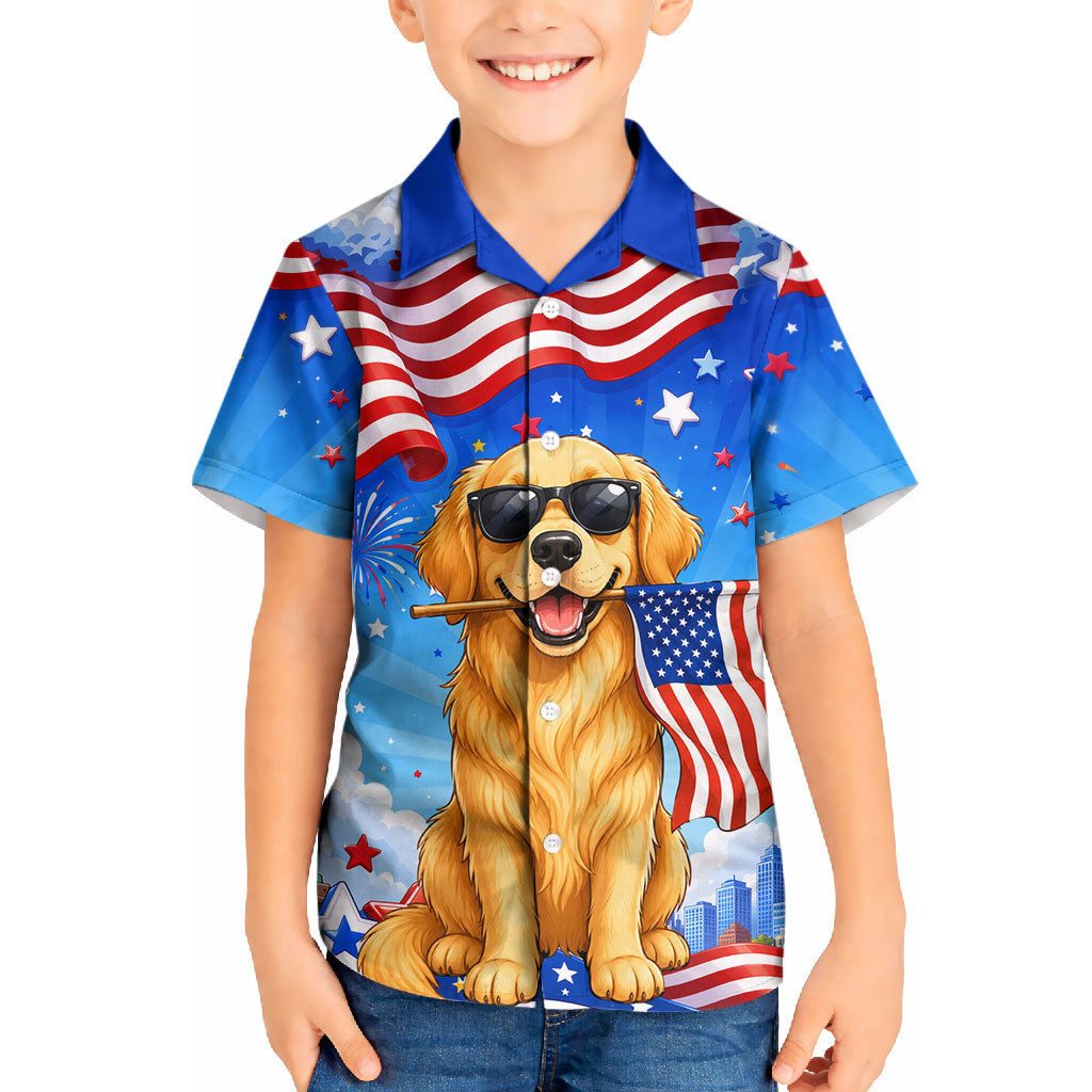 My Dog Is A Democrat Kid Hawaiian Shirt Golden Retriever Patriotic American Flag Graphic