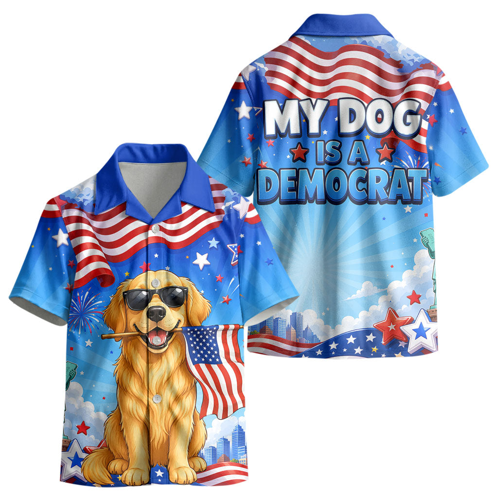 My Dog Is A Democrat Kid Hawaiian Shirt Golden Retriever Patriotic American Flag Graphic