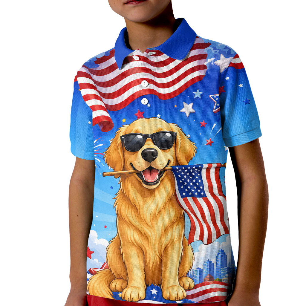 My Dog Is A Democrat Kid Polo Shirt Golden Retriever Patriotic American Flag Graphic