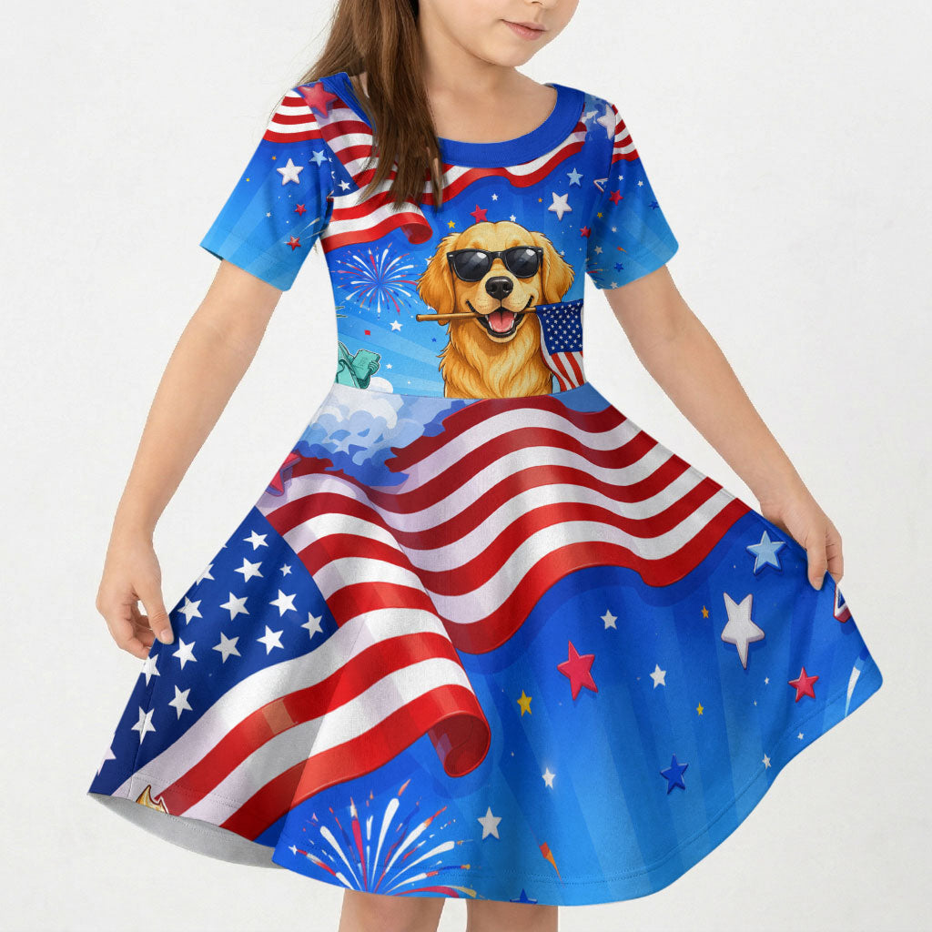 My Dog Is A Democrat Kid Short Sleeve Dress Golden Retriever Patriotic American Flag Graphic