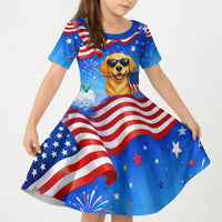 My Dog Is A Democrat Kid Short Sleeve Dress Golden Retriever Patriotic American Flag Graphic