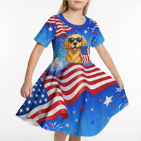 My Dog Is A Democrat Kid Short Sleeve Dress Golden Retriever Patriotic American Flag Graphic