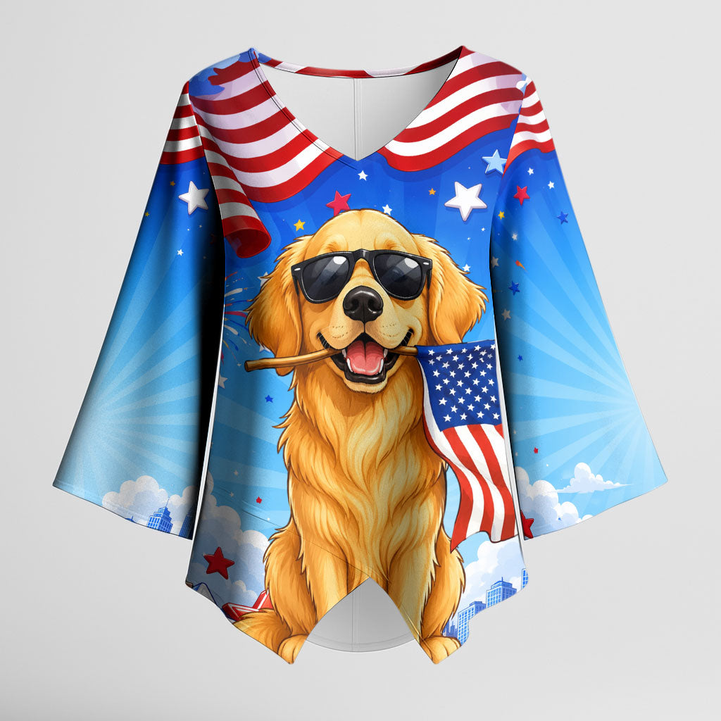 My Dog Is A Democrat Kimono Sleeve Blouse Golden Retriever Patriotic American Flag Graphic