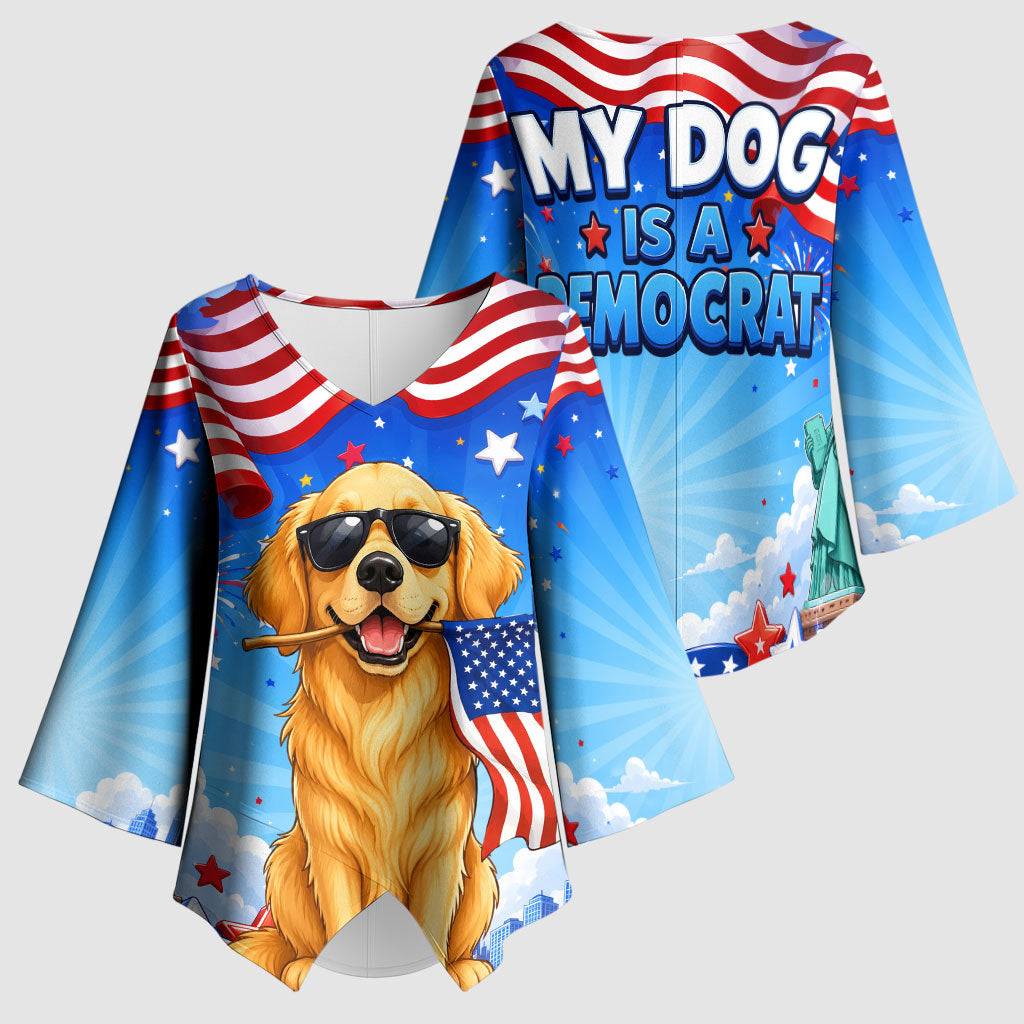 My Dog Is A Democrat Kimono Sleeve Blouse Golden Retriever Patriotic American Flag Graphic