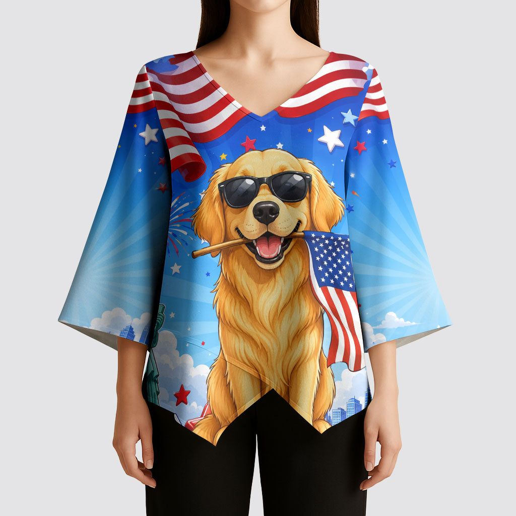 My Dog Is A Democrat Kimono Sleeve Blouse Golden Retriever Patriotic American Flag Graphic