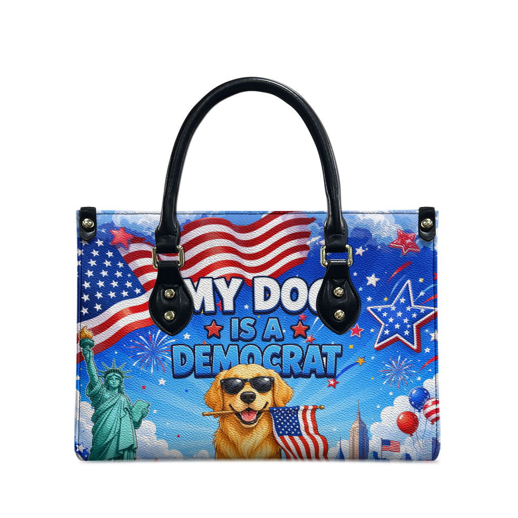 My Dog Is A Democrat Leather Bag Golden Retriever Patriotic American Flag Graphic