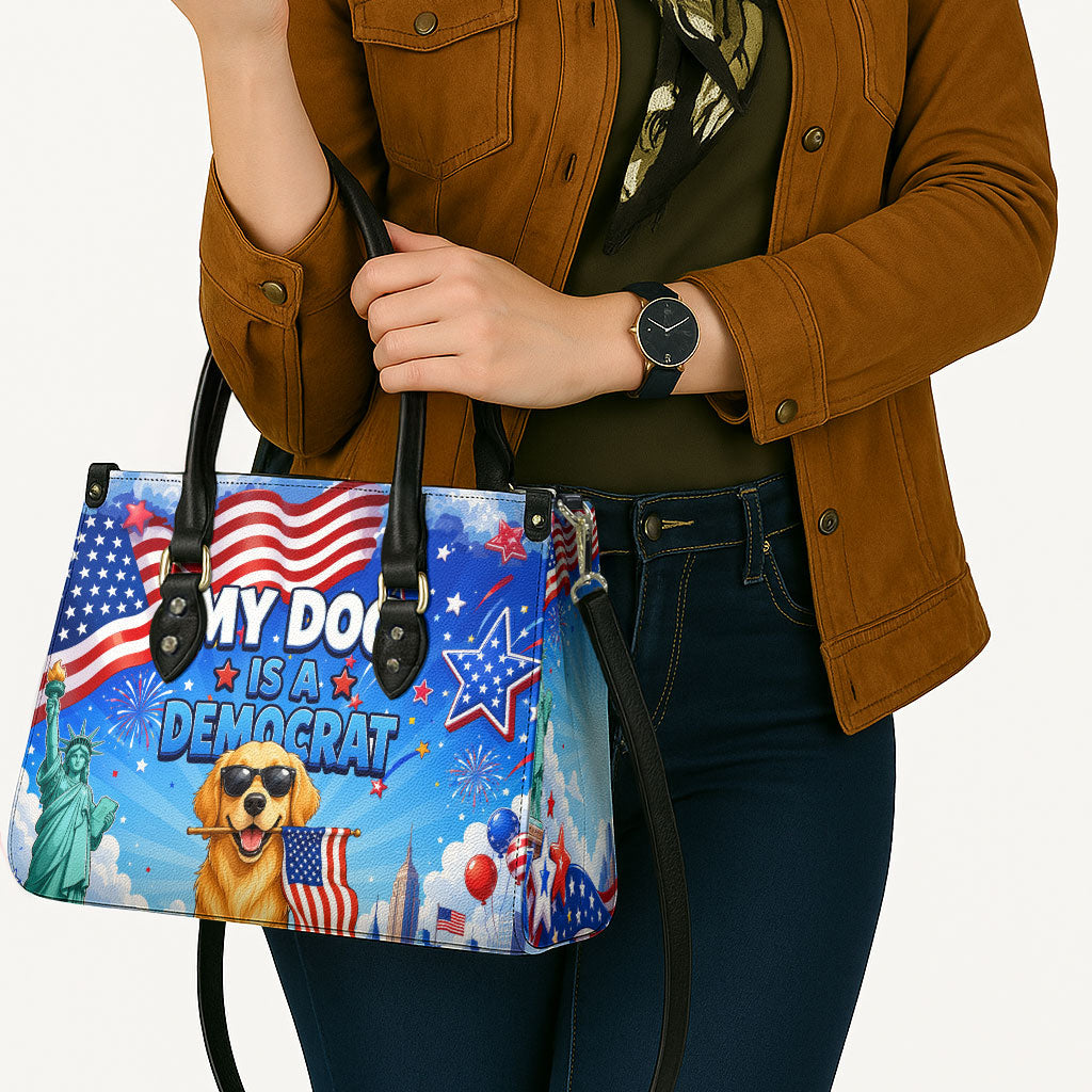 My Dog Is A Democrat Leather Bag Golden Retriever Patriotic American Flag Graphic