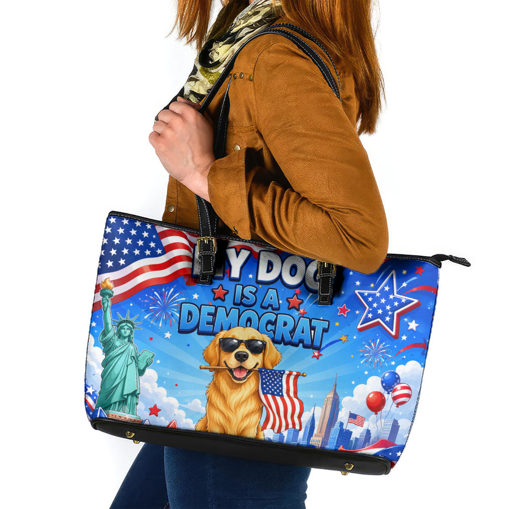 My Dog Is A Democrat Leather Tote Bag Golden Retriever Patriotic American Flag Graphic