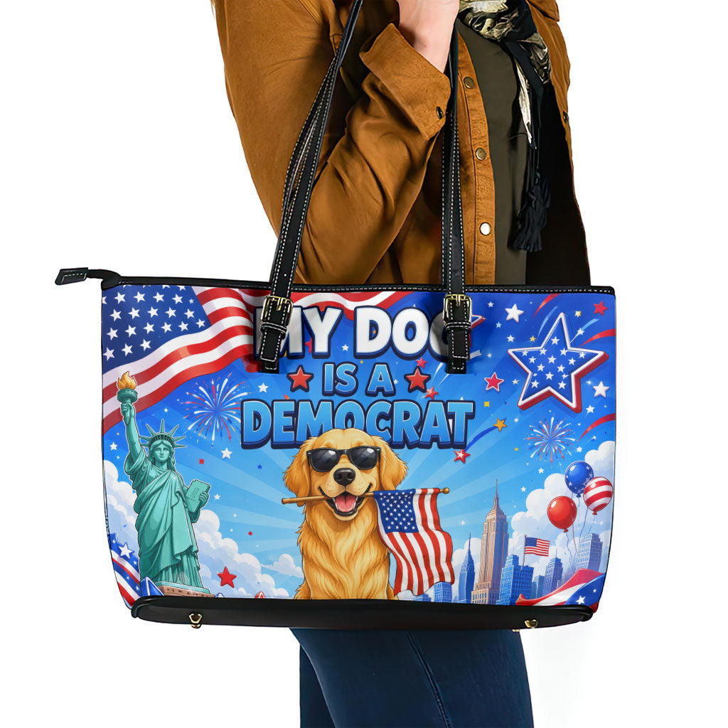 My Dog Is A Democrat Leather Tote Bag Golden Retriever Patriotic American Flag Graphic
