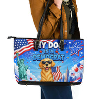 My Dog Is A Democrat Leather Tote Bag Golden Retriever Patriotic American Flag Graphic