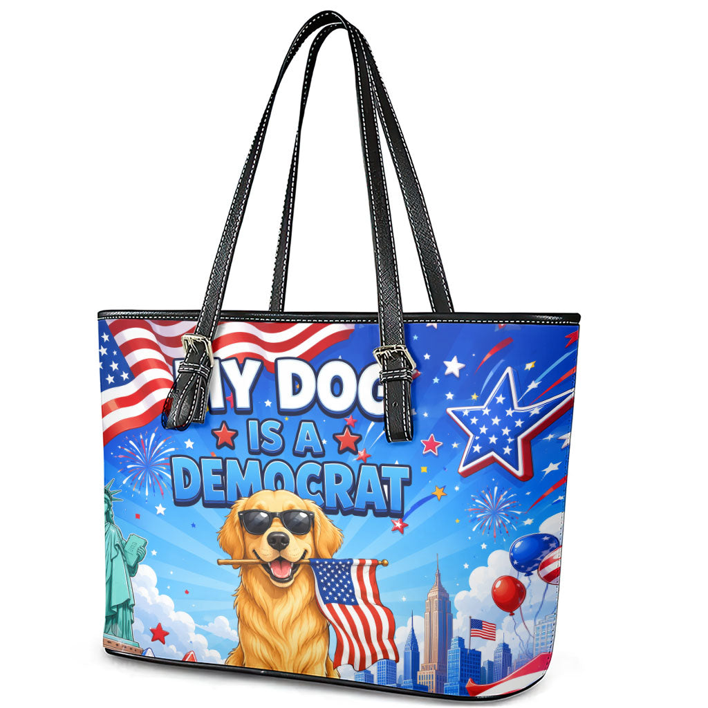 My Dog Is A Democrat Leather Tote Bag Golden Retriever Patriotic American Flag Graphic