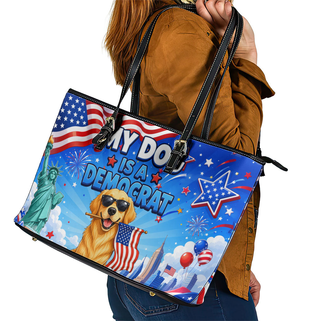 My Dog Is A Democrat Leather Tote Bag Golden Retriever Patriotic American Flag Graphic