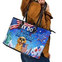 My Dog Is A Democrat Leather Tote Bag Golden Retriever Patriotic American Flag Graphic