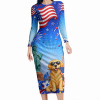 My Dog Is A Democrat Long Sleeve Bodycon Dress Golden Retriever Patriotic American Flag Graphic