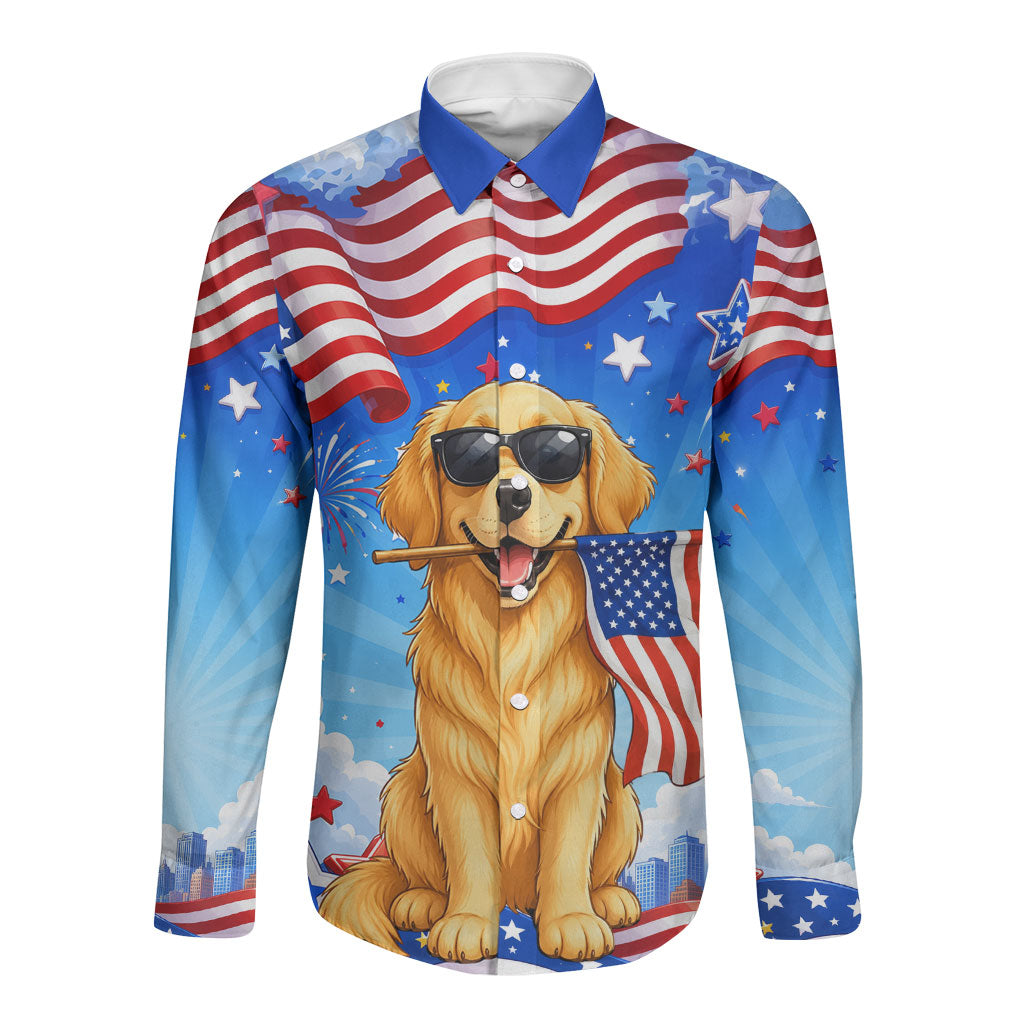 My Dog Is A Democrat Long Sleeve Button Shirt Golden Retriever Patriotic American Flag Graphic