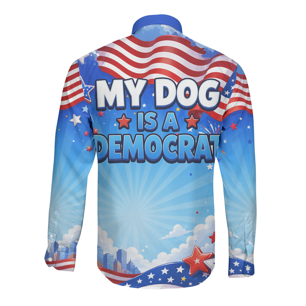 My Dog Is A Democrat Long Sleeve Button Shirt Golden Retriever Patriotic American Flag Graphic